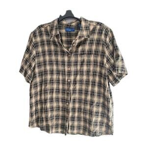 Y2k Karen Scott Black Tan‎ Plaid Short Sleeve Preppy Button Down Shirt Womans XL